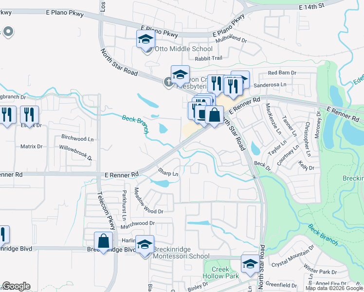 map of restaurants, bars, coffee shops, grocery stores, and more near 3995 East Renner Road in Richardson