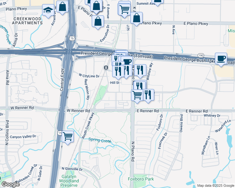 map of restaurants, bars, coffee shops, grocery stores, and more near 3451 North Plano Road in Richardson