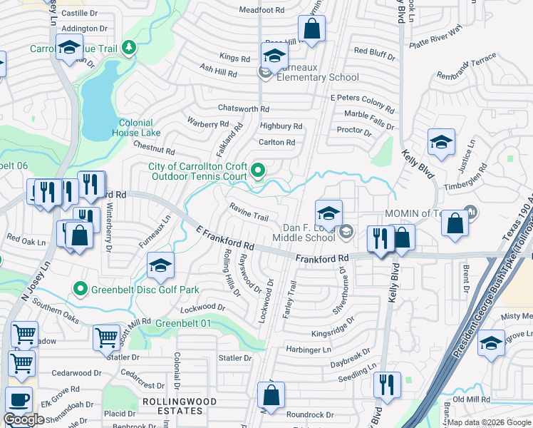 map of restaurants, bars, coffee shops, grocery stores, and more near 3021 Ravine Trail in Carrollton