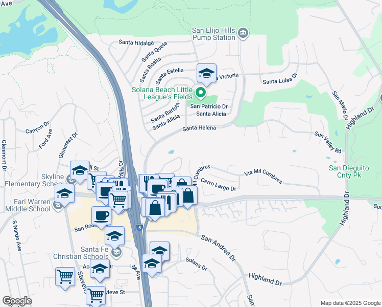 map of restaurants, bars, coffee shops, grocery stores, and more near 350 Punta Baja Drive in Solana Beach
