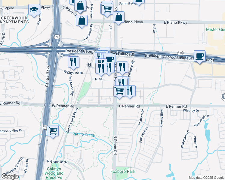 map of restaurants, bars, coffee shops, grocery stores, and more near 1230 CityLine Drive in Richardson