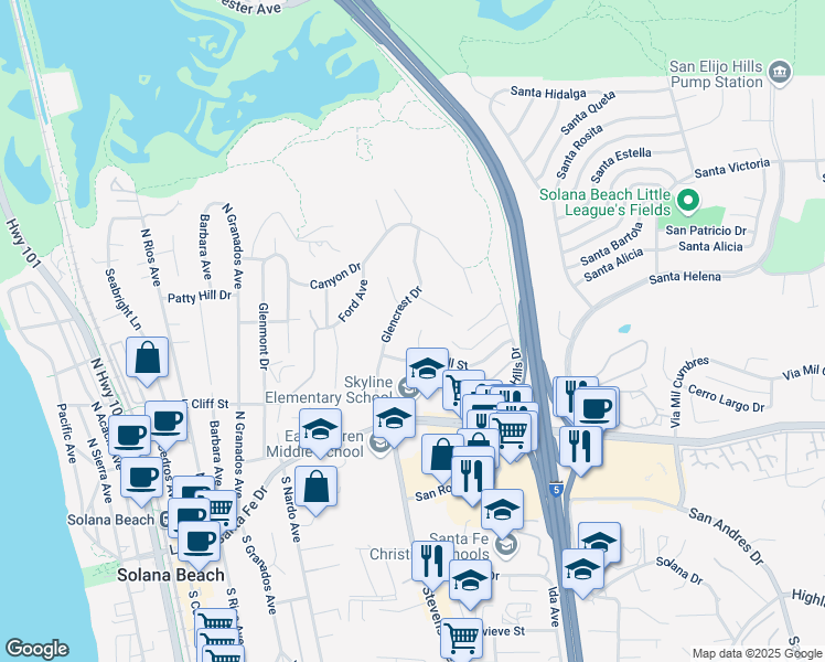 map of restaurants, bars, coffee shops, grocery stores, and more near 410 Glencrest Drive in Solana Beach