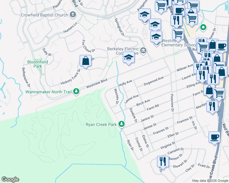 map of restaurants, bars, coffee shops, grocery stores, and more near 116 Williamsburg Court in Goose Creek