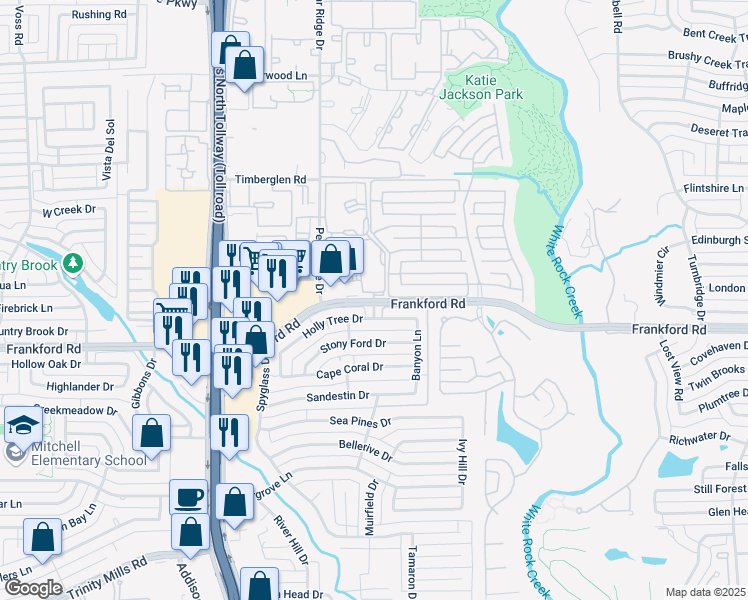 map of restaurants, bars, coffee shops, grocery stores, and more near 4849 Frankford Road in Dallas