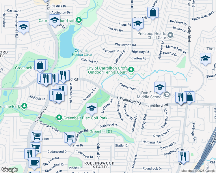 map of restaurants, bars, coffee shops, grocery stores, and more near 2115 East Frankford Road in Carrollton