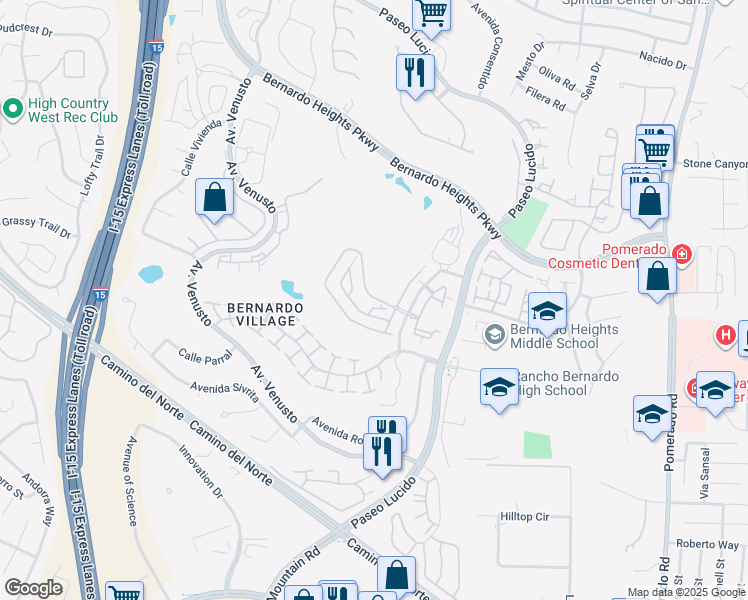 map of restaurants, bars, coffee shops, grocery stores, and more near 12169 Royal Lytham Row in San Diego