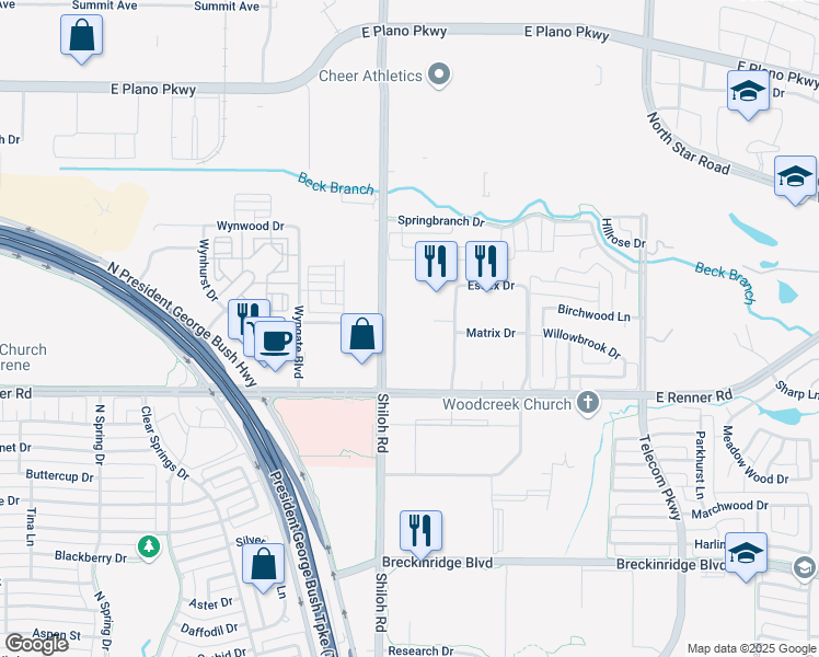 map of restaurants, bars, coffee shops, grocery stores, and more near 3510 Shiloh Road in Richardson