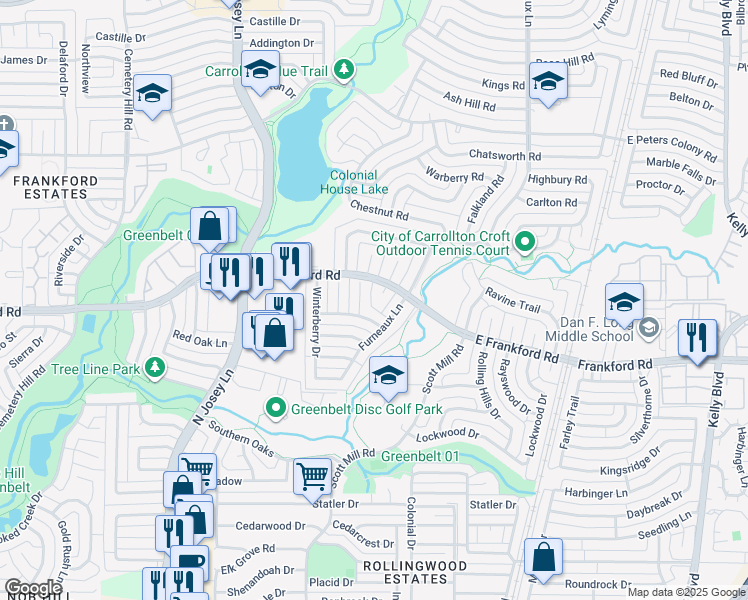 map of restaurants, bars, coffee shops, grocery stores, and more near 2023 White Ash Road in Carrollton
