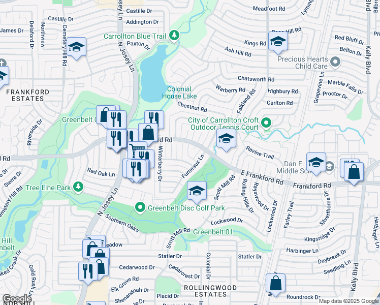 map of restaurants, bars, coffee shops, grocery stores, and more near 2023 White Ash Road in Carrollton