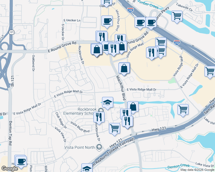 map of restaurants, bars, coffee shops, grocery stores, and more near 2689 Chambers Drive in Lewisville