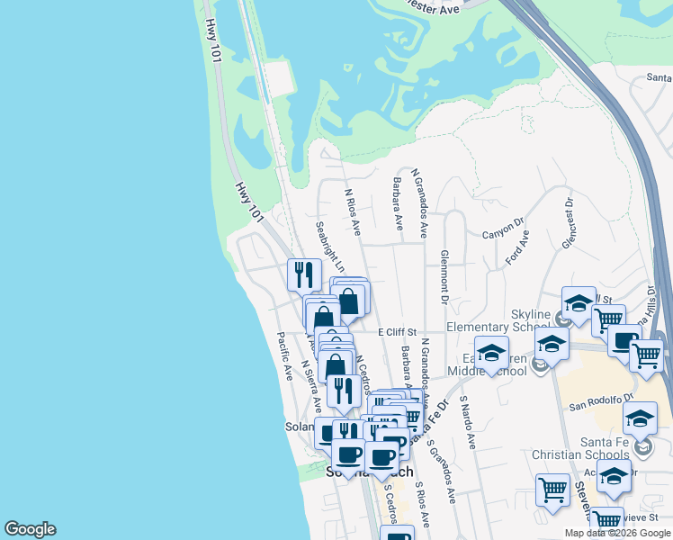 map of restaurants, bars, coffee shops, grocery stores, and more near 611 Seabright Lane in Solana Beach