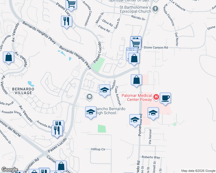 map of restaurants, bars, coffee shops, grocery stores, and more near 15631 Caldas De Reyes in San Diego