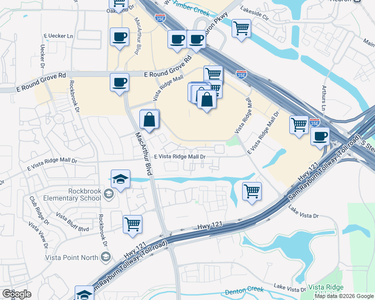map of restaurants, bars, coffee shops, grocery stores, and more near 625 East Vista Ridge Mall Drive in Lewisville