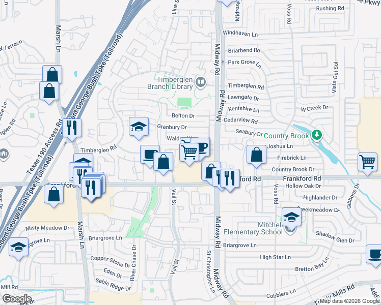 map of restaurants, bars, coffee shops, grocery stores, and more near 3912 Walden Way in Dallas
