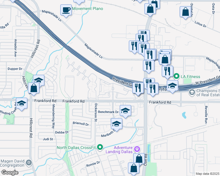 map of restaurants, bars, coffee shops, grocery stores, and more near 7575 Frankford Road in Dallas