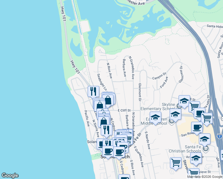 map of restaurants, bars, coffee shops, grocery stores, and more near 628 North Rios Avenue in Solana Beach
