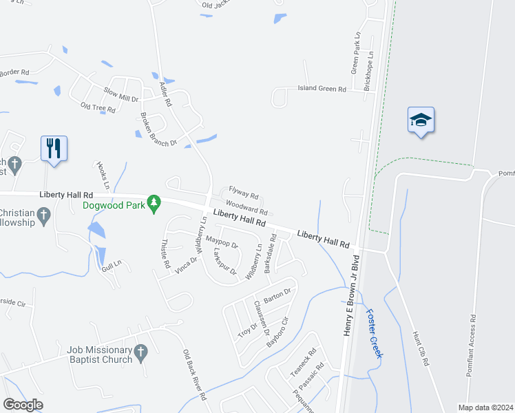 map of restaurants, bars, coffee shops, grocery stores, and more near 176 Woodward Road in Goose Creek