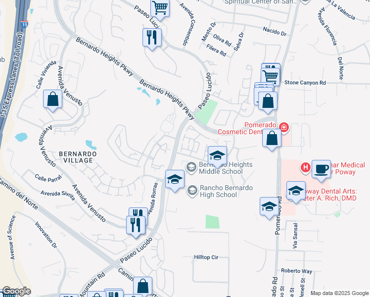 map of restaurants, bars, coffee shops, grocery stores, and more near 15686 Via Calanova in San Diego