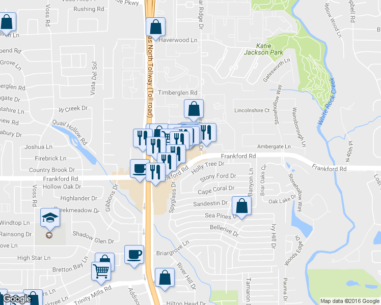 map of restaurants, bars, coffee shops, grocery stores, and more near 4727 Frankford Road in Dallas