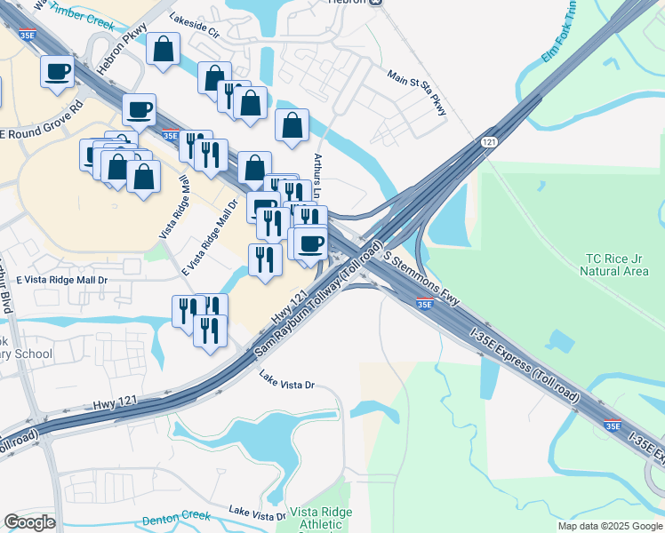 map of restaurants, bars, coffee shops, grocery stores, and more near 1679 Texas 121 in Lewisville