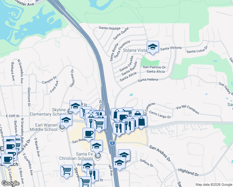 map of restaurants, bars, coffee shops, grocery stores, and more near 343 Santa Helena in Solana Beach