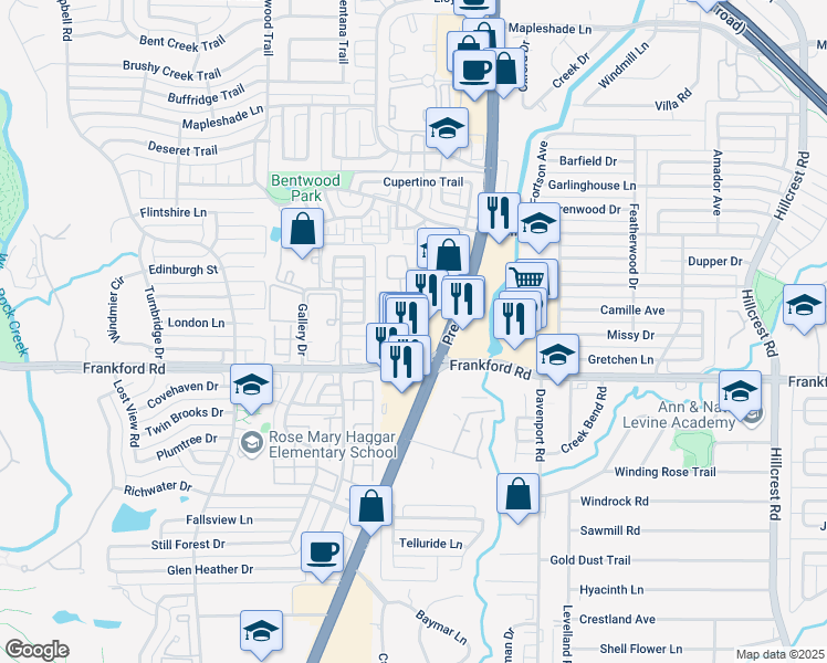 map of restaurants, bars, coffee shops, grocery stores, and more near 18111 Preston Road in Dallas