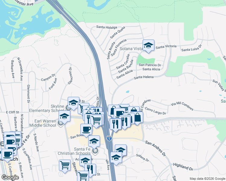 map of restaurants, bars, coffee shops, grocery stores, and more near 343 Santa Helena in Solana Beach