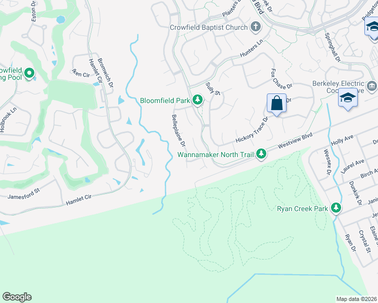 map of restaurants, bars, coffee shops, grocery stores, and more near 110 Belleplaine Drive in Goose Creek