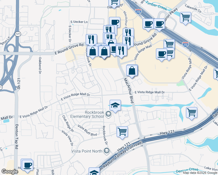 map of restaurants, bars, coffee shops, grocery stores, and more near 2640 Jacobson Drive in Lewisville