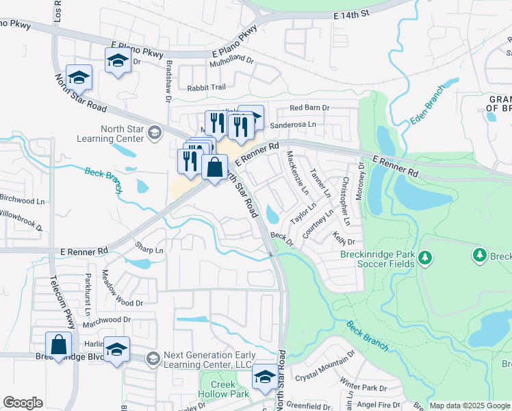 map of restaurants, bars, coffee shops, grocery stores, and more near 3500 North Star Road in Richardson