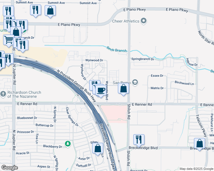 map of restaurants, bars, coffee shops, grocery stores, and more near Wynview Drive in Plano