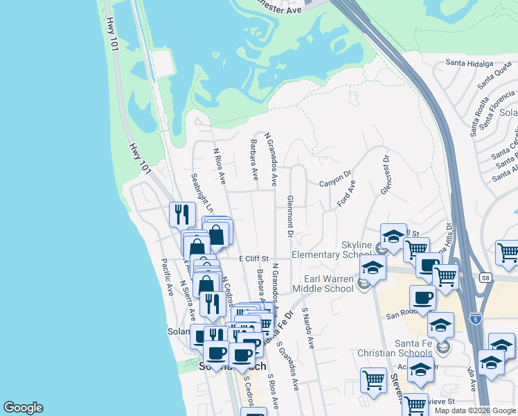 map of restaurants, bars, coffee shops, grocery stores, and more near 612 Barbara Avenue in Solana Beach