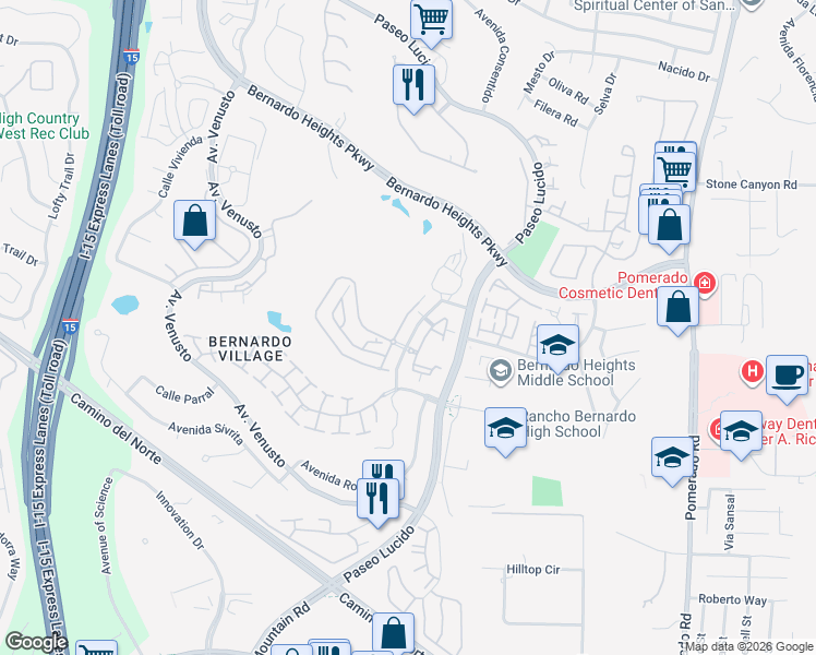 map of restaurants, bars, coffee shops, grocery stores, and more near 15556 Walton Heath Row in San Diego