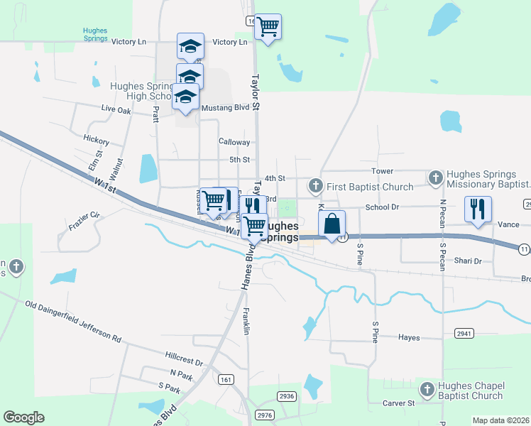map of restaurants, bars, coffee shops, grocery stores, and more near Taylor in Hughes Springs