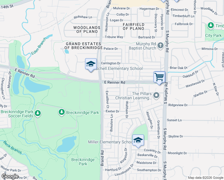 map of restaurants, bars, coffee shops, grocery stores, and more near 5407 Miller Lane in Richardson