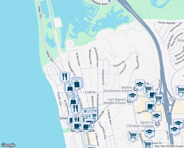 map of restaurants, bars, coffee shops, grocery stores, and more near 612 Barbara Avenue in Solana Beach