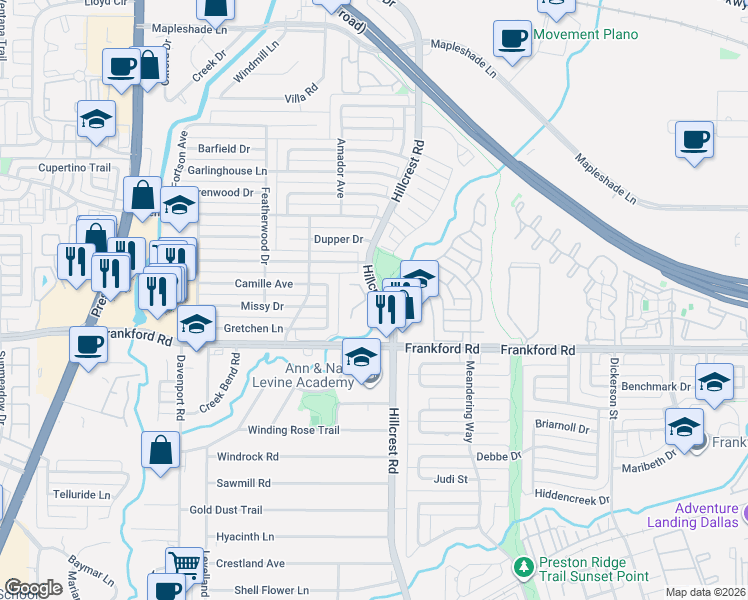 map of restaurants, bars, coffee shops, grocery stores, and more near 18252 Brighton Green in Dallas