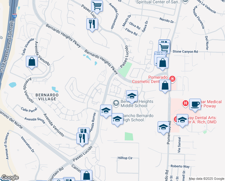 map of restaurants, bars, coffee shops, grocery stores, and more near 15628 Via Calanova in San Diego