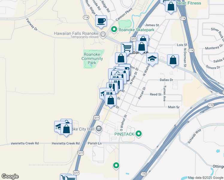 map of restaurants, bars, coffee shops, grocery stores, and more near 108 U.S. 377 in Northlake