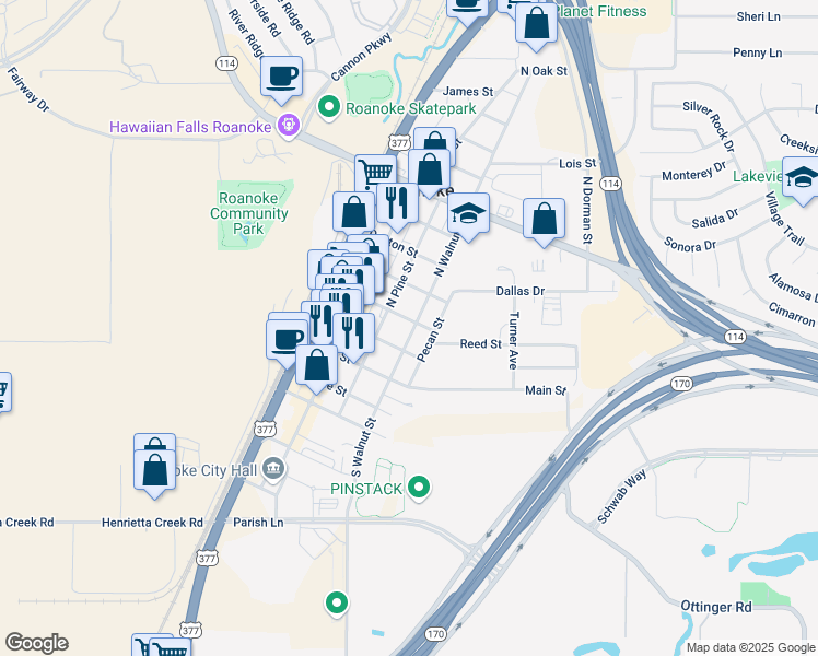 map of restaurants, bars, coffee shops, grocery stores, and more near 322 Austin Street in Roanoke