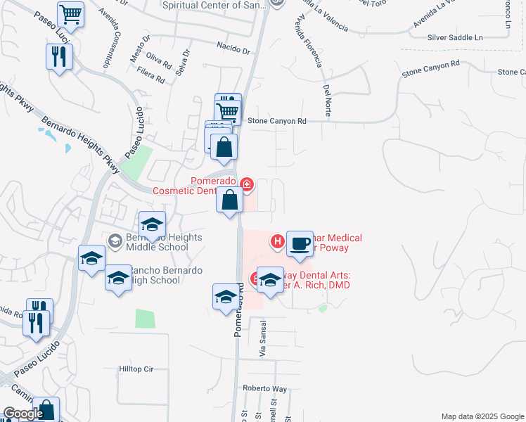 map of restaurants, bars, coffee shops, grocery stores, and more near 15725 Pomerado Road in Poway