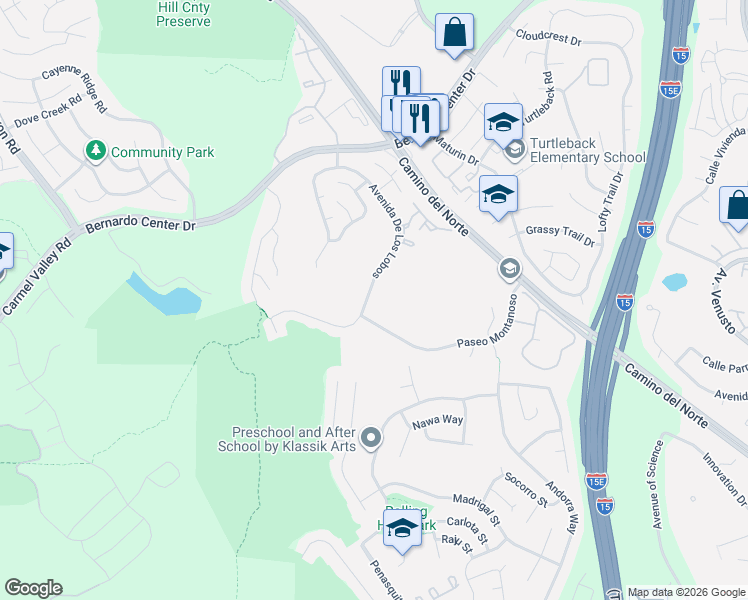 map of restaurants, bars, coffee shops, grocery stores, and more near 11129 Avenida De Los Lobos in San Diego
