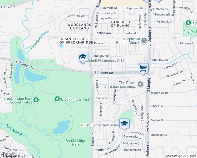 map of restaurants, bars, coffee shops, grocery stores, and more near 5407 Miller Lane in Richardson