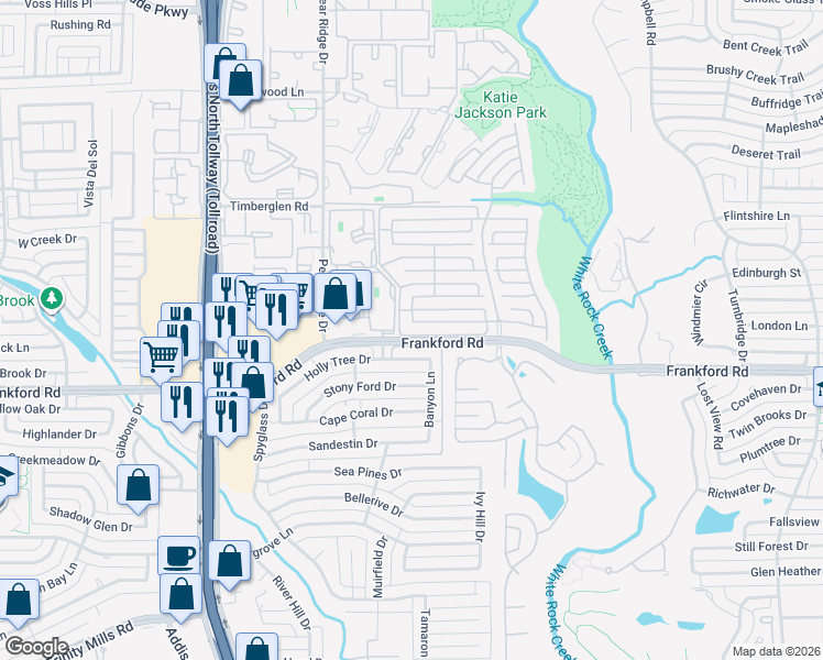 map of restaurants, bars, coffee shops, grocery stores, and more near 5416 Wescott Lane in Dallas