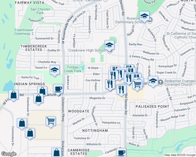 map of restaurants, bars, coffee shops, grocery stores, and more near 1211 Elder in Carrollton