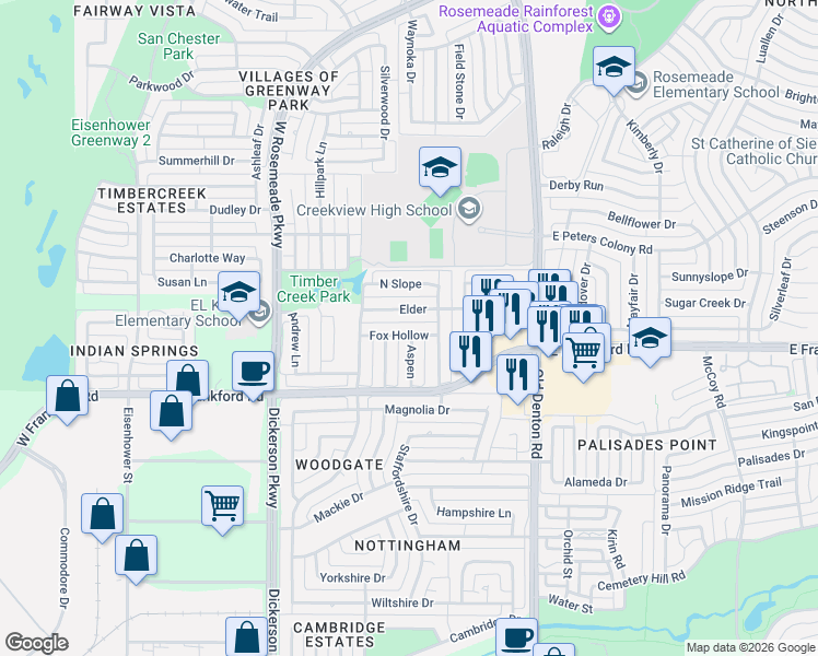 map of restaurants, bars, coffee shops, grocery stores, and more near 1211 Elder in Carrollton