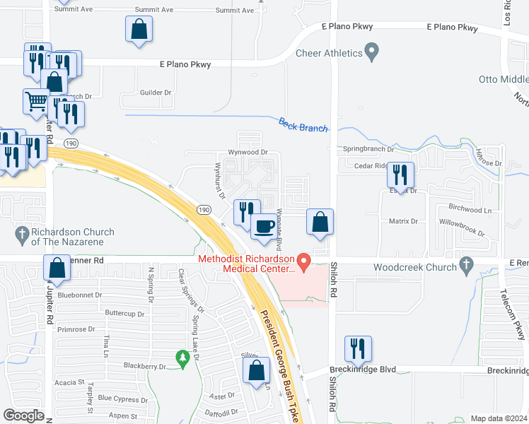 map of restaurants, bars, coffee shops, grocery stores, and more near 5 Wynhurst Drive in Plano