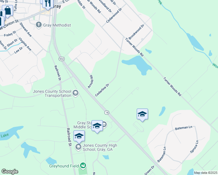 map of restaurants, bars, coffee shops, grocery stores, and more near 130 Cedarline Drive in Gray