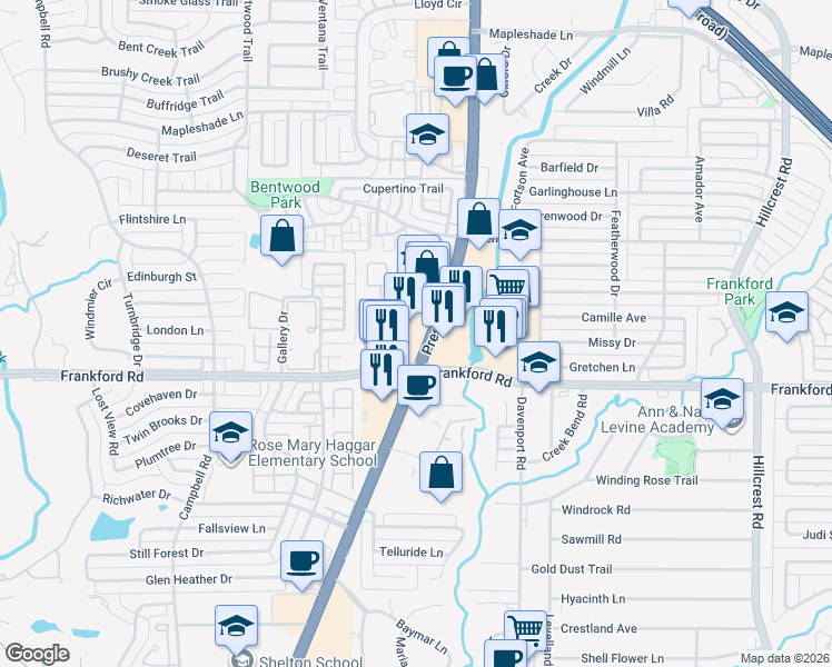 map of restaurants, bars, coffee shops, grocery stores, and more near 18111 Preston Road in Dallas