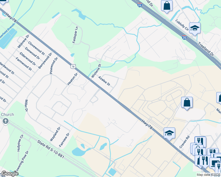 map of restaurants, bars, coffee shops, grocery stores, and more near 102 Magnolia Street in Ladson